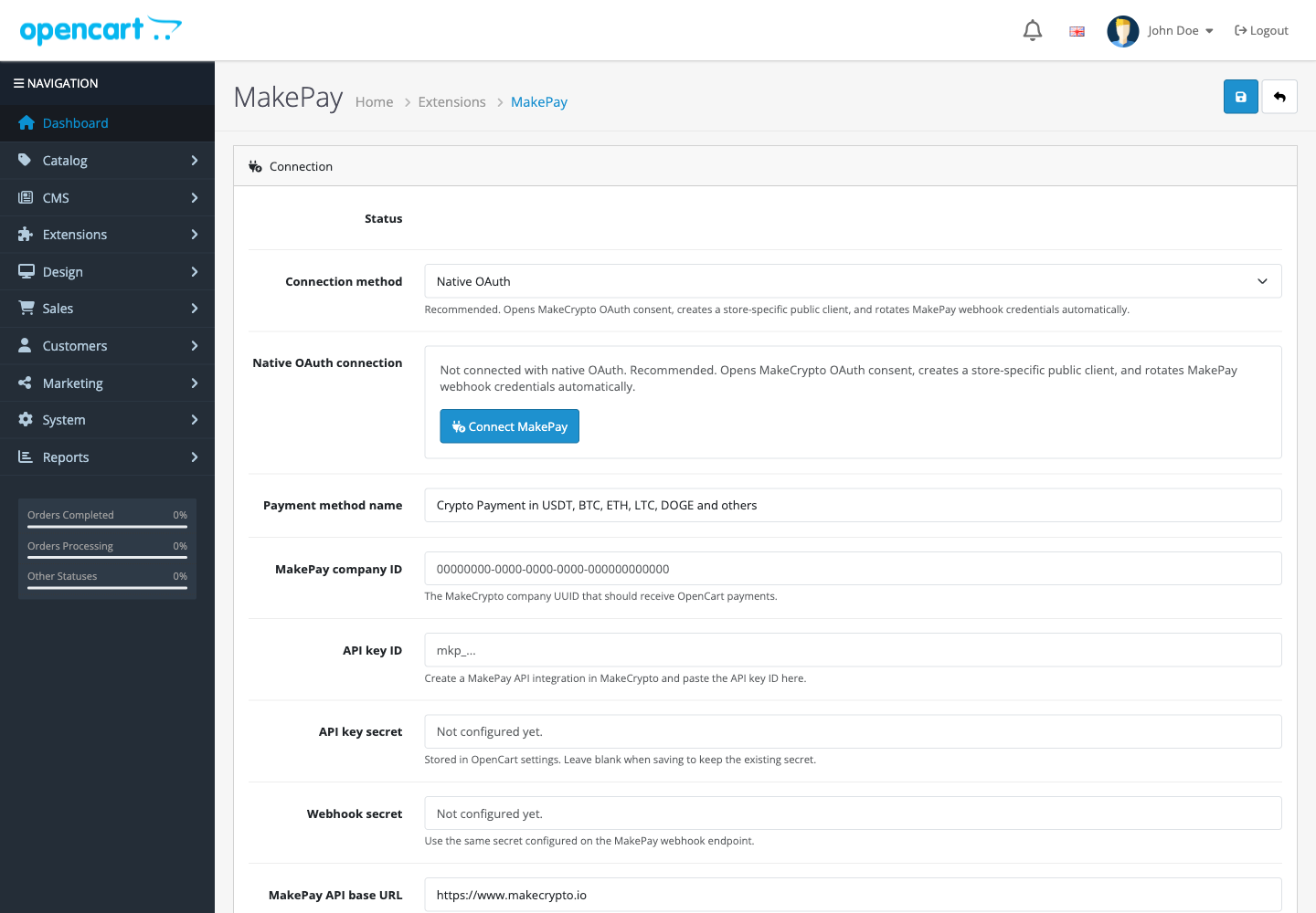 OpenCart extension installer showing the uploaded MakePay package