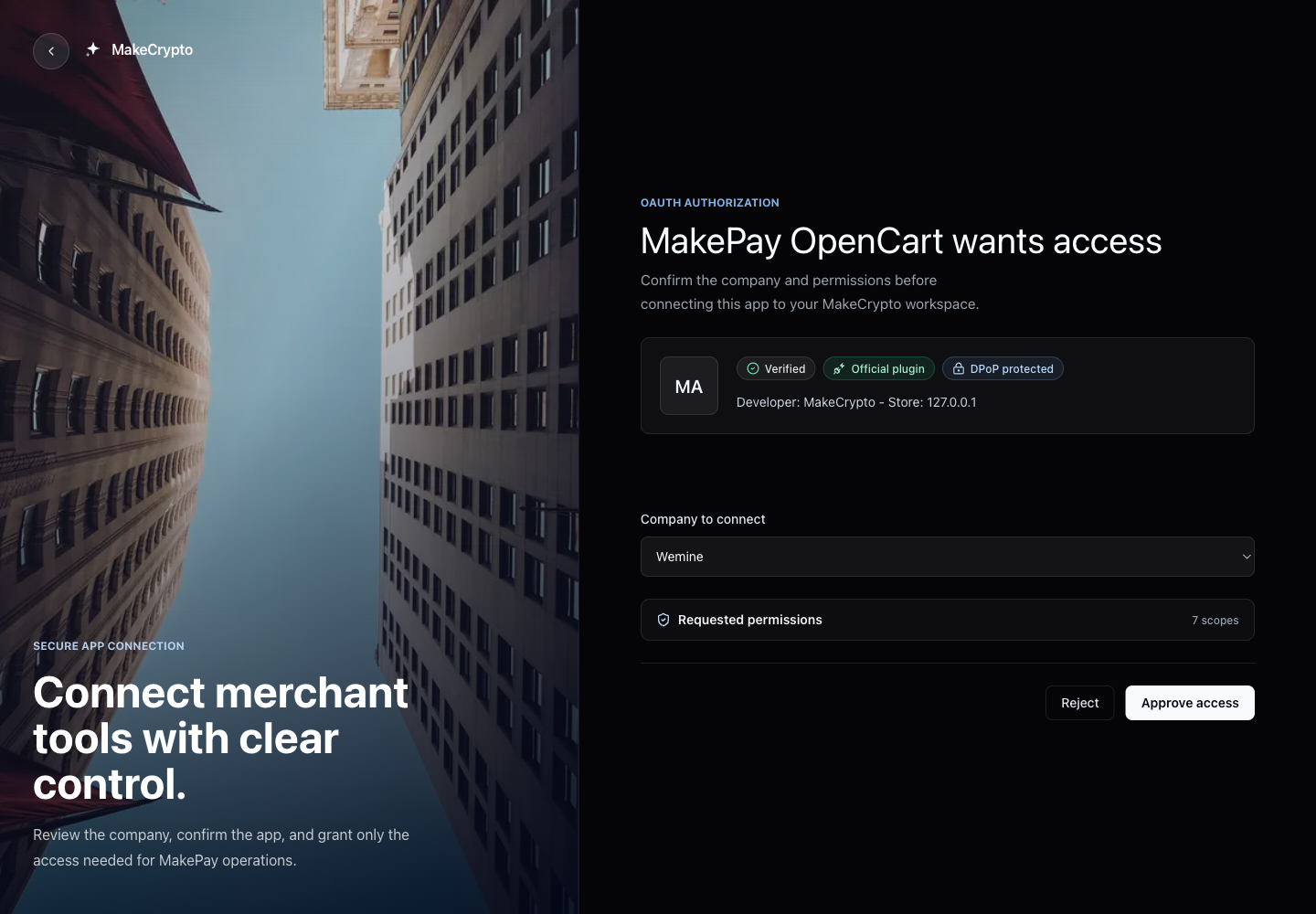 MakeCrypto OAuth approval screen for the OpenCart extension