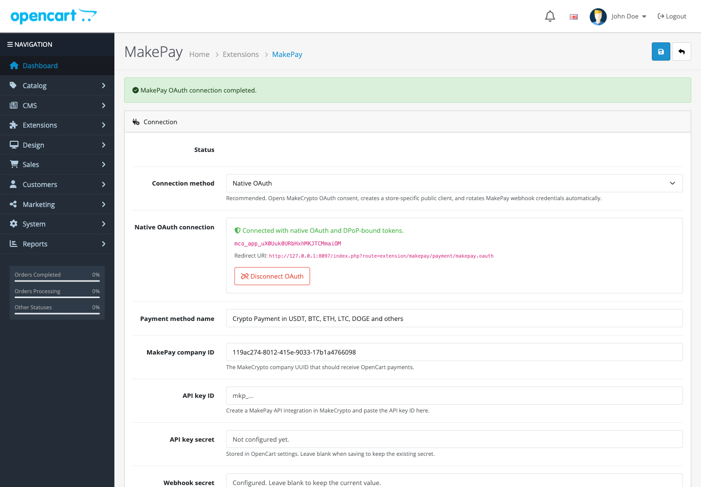 OpenCart MakePay settings after OAuth connection