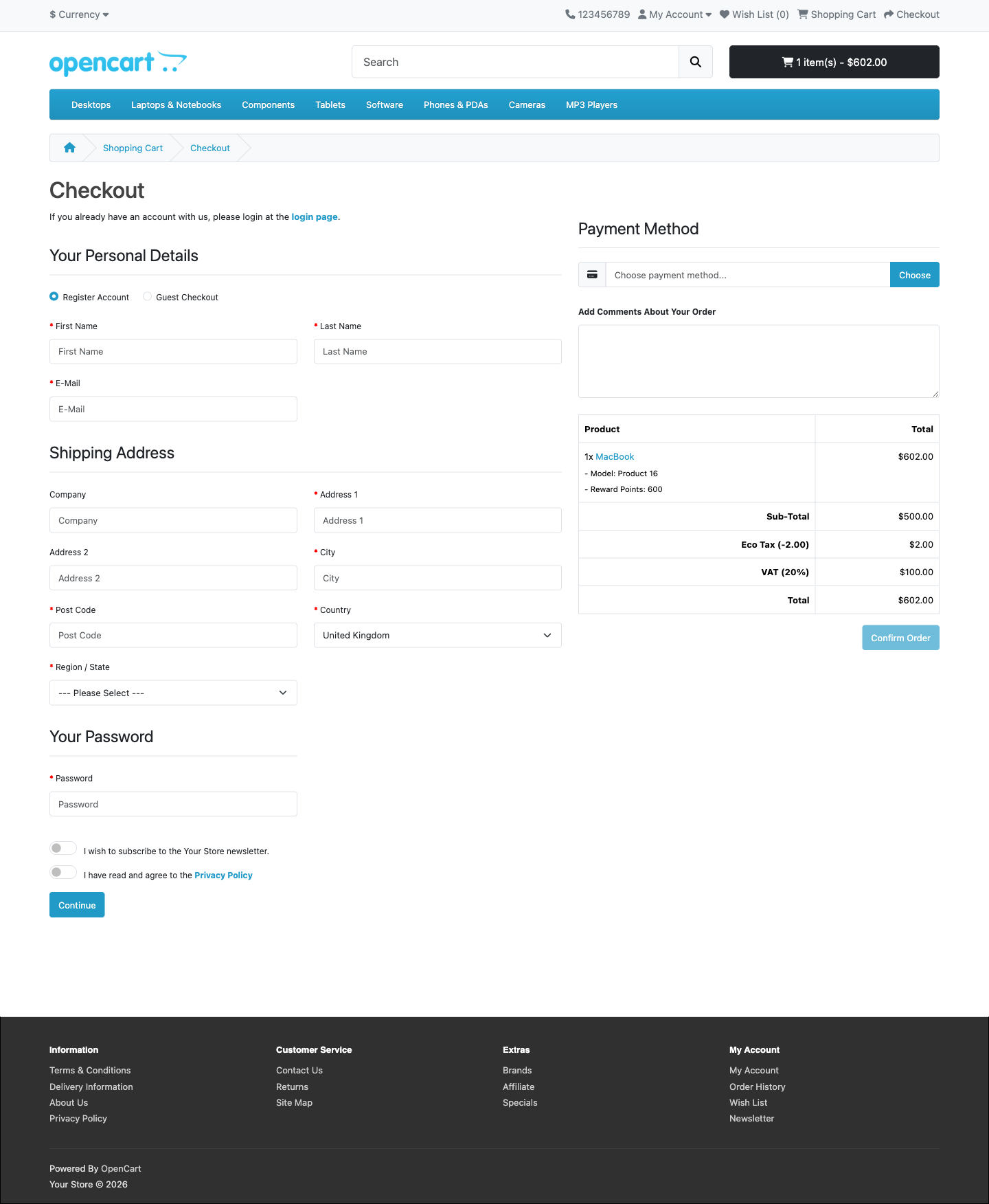 OpenCart checkout with MakePay selected for a real product