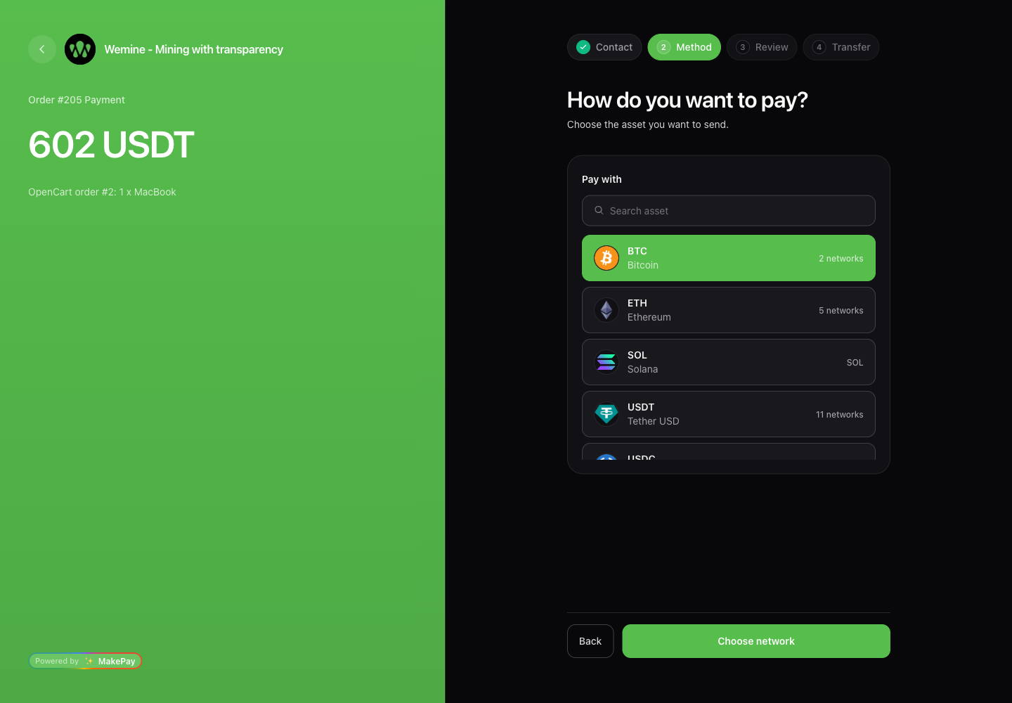 Hosted MakePay payment link created from OpenCart checkout