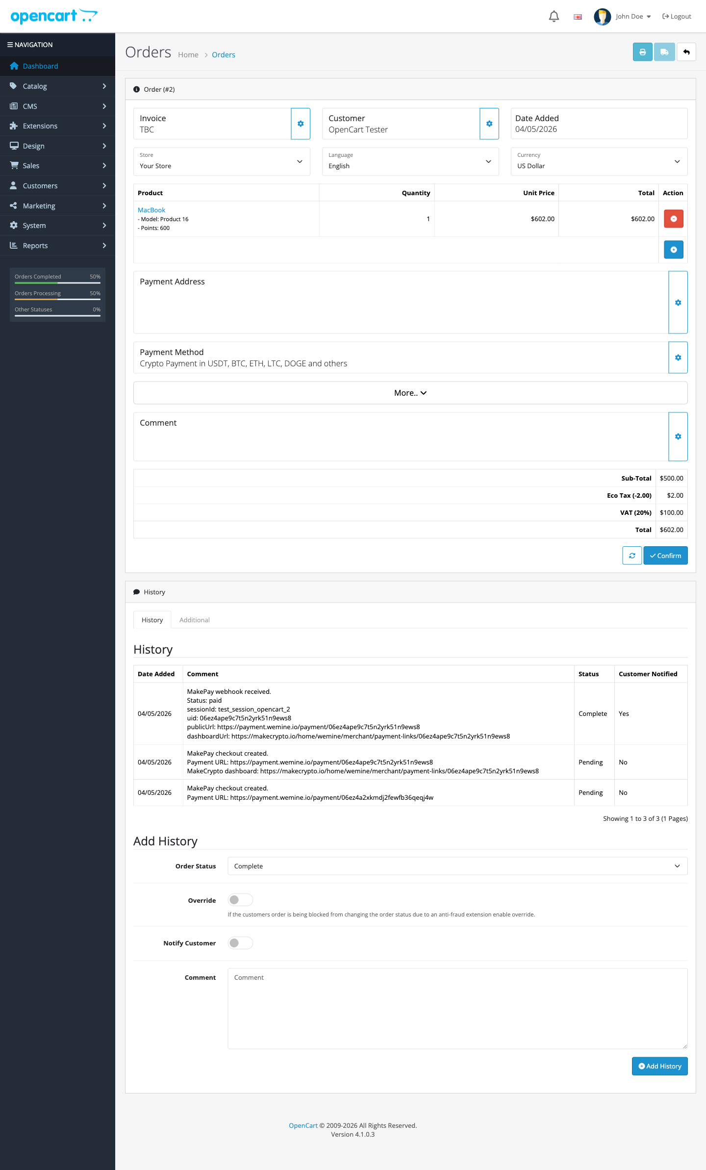 OpenCart order marked complete after a signed MakePay webhook