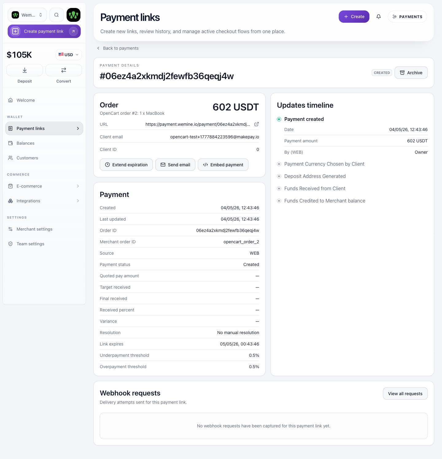 MakeCrypto dashboard payment details for an OpenCart payment link