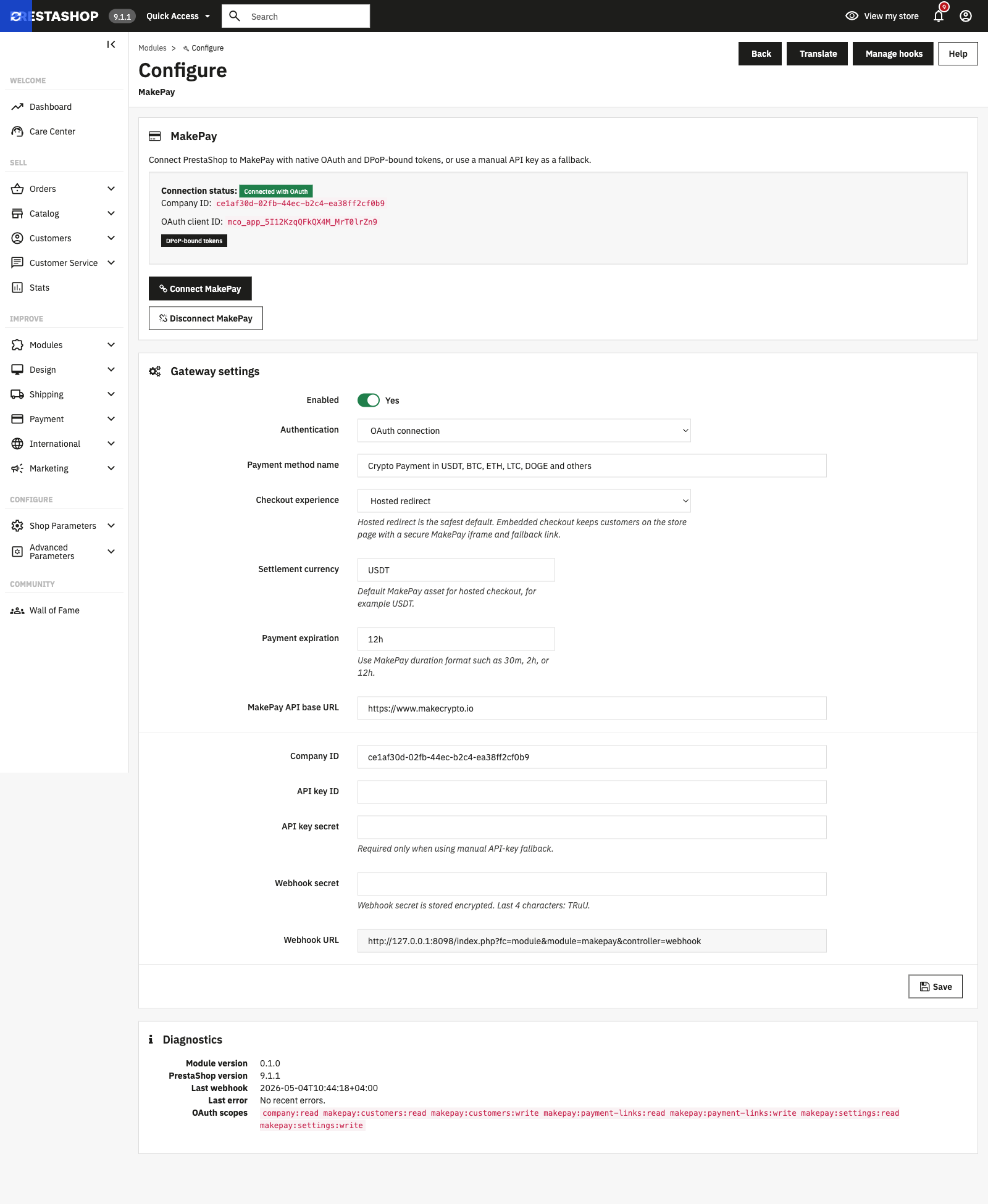 MakePay module settings in PrestaShop after OAuth connection, showing connected company status, webhook URL, checkout mode, and gateway configuration.