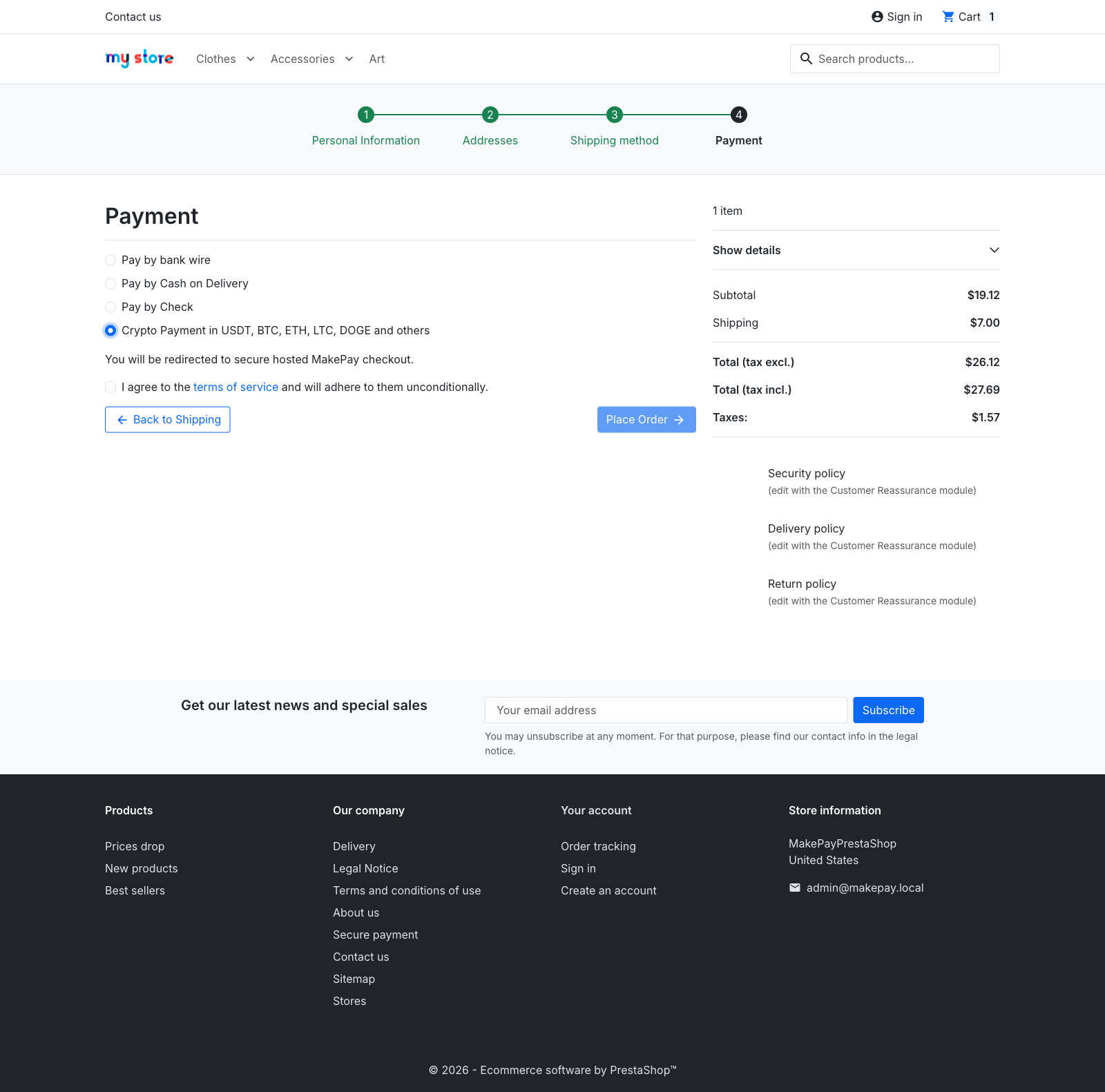 PrestaShop checkout showing MakePay as the selected crypto payment method before placing the order.