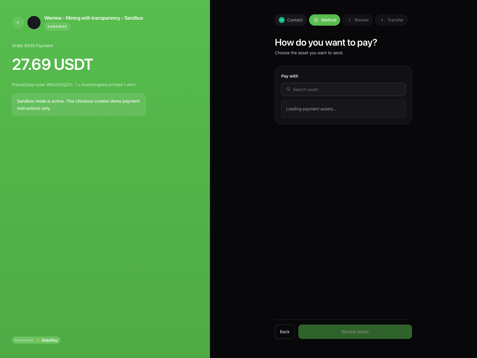 Public MakePay hosted checkout opened from a PrestaShop order, showing the payment amount and available crypto payment methods.