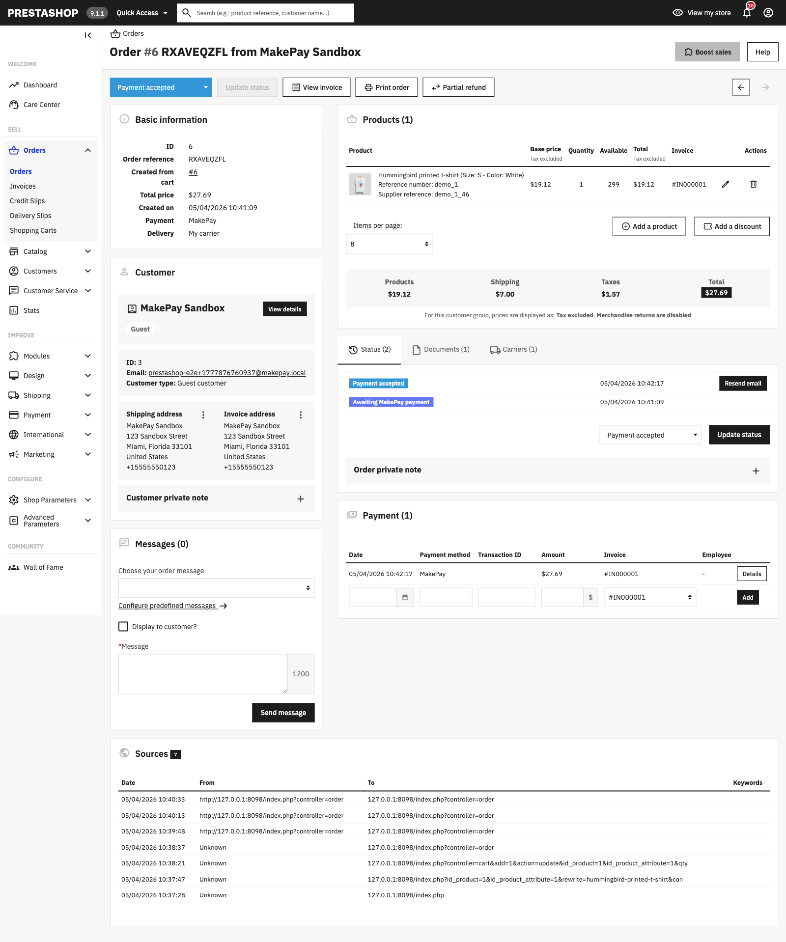 PrestaShop order details after a signed MakePay webhook marked the order as paid and added private payment notes.