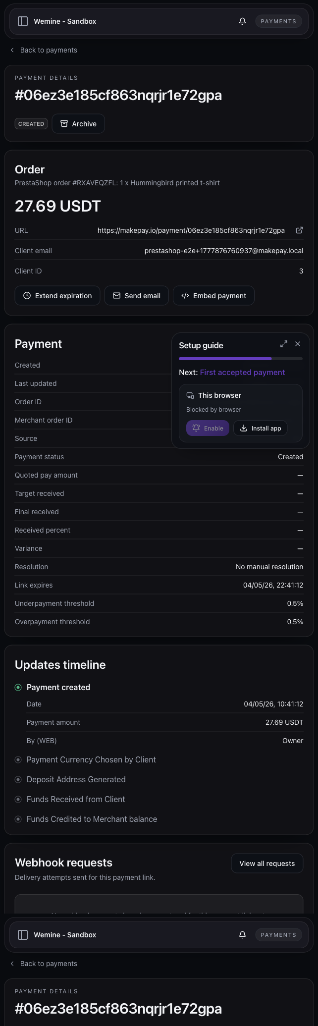 MakeCrypto payment link details for a PrestaShop order, including merchant order ID, payment status, amount, and admin traceability.