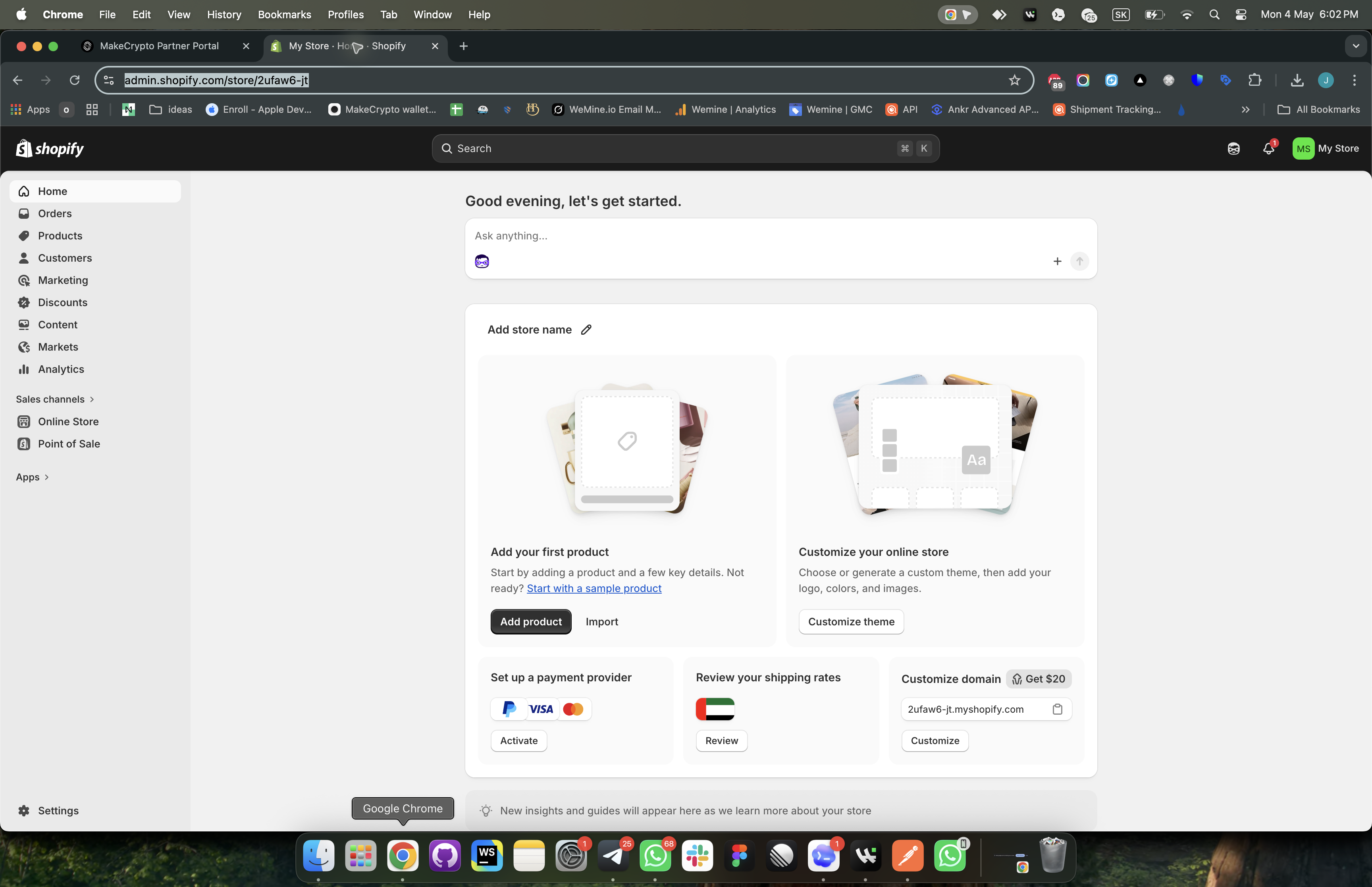 Shopify admin home