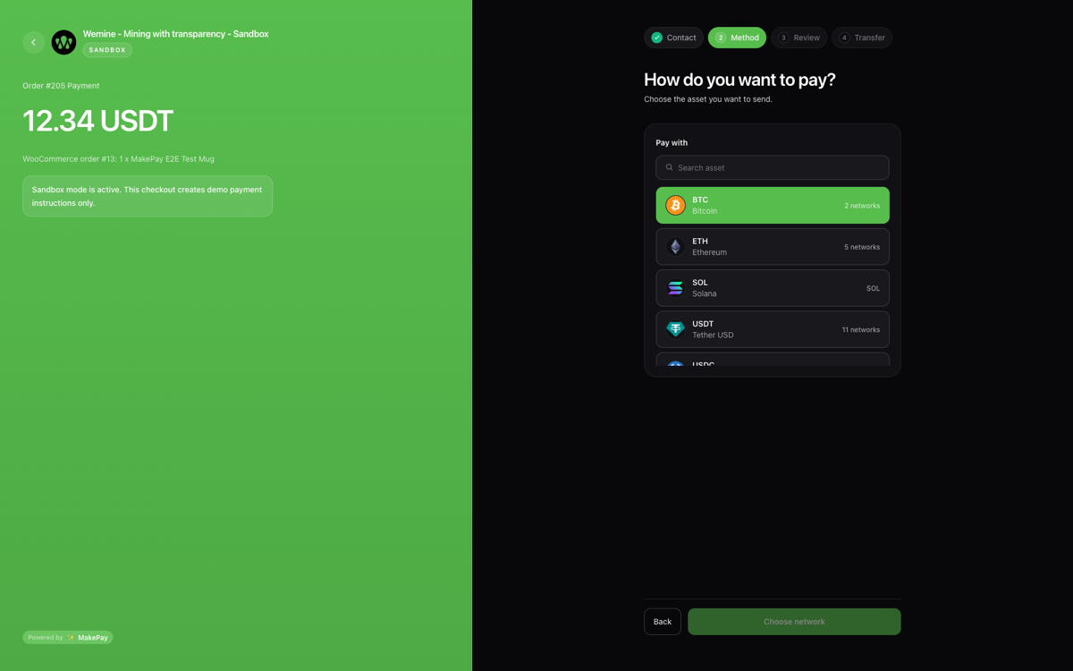 Public MakePay hosted checkout opened from WooCommerce, showing the order amount, merchant, sandbox notice, and available crypto payment methods.