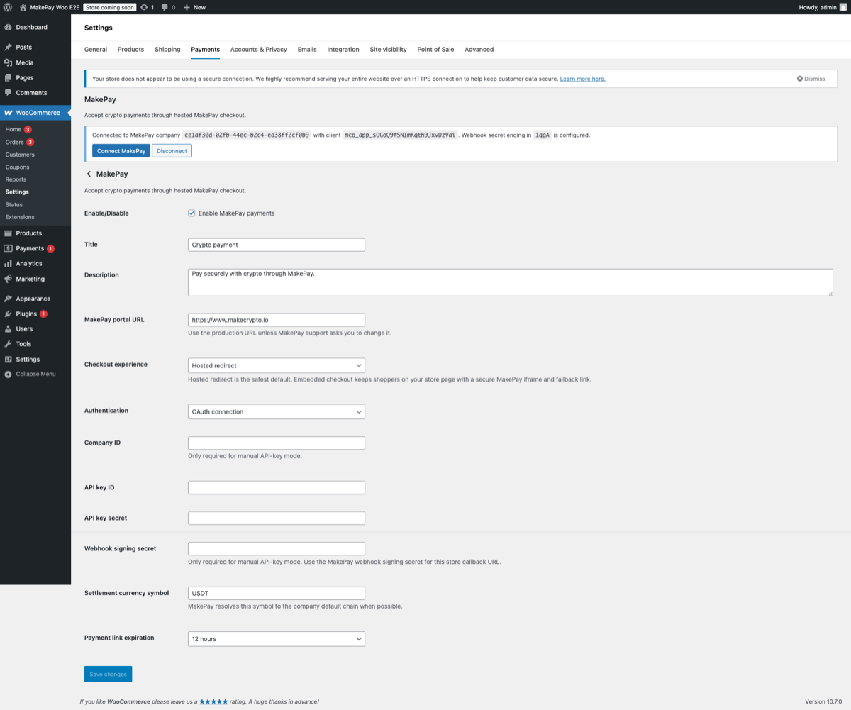 WooCommerce MakePay payment settings connected to MakeCrypto with OAuth and webhook status.