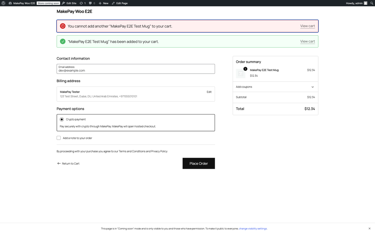 WooCommerce Checkout Blocks showing Crypto payment through MakePay before placing an order.