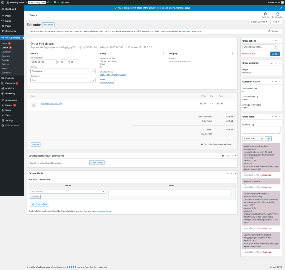 WooCommerce order details showing paid status and signed MakePay webhook notes.